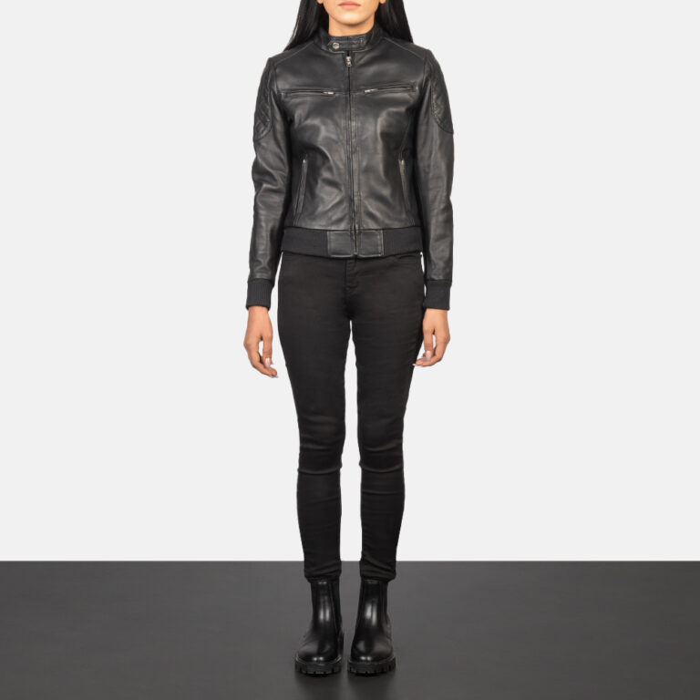 Womens Zenna Black Leather Bomber Jacket Full Length-2-1652190961337